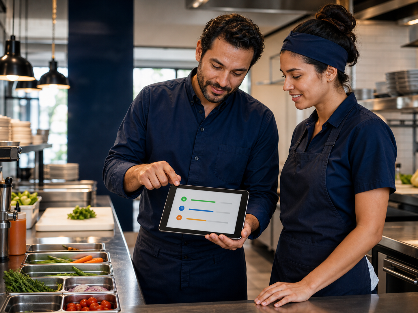 Gestor orientando colaboradora com tarefas BemFeito em tablet