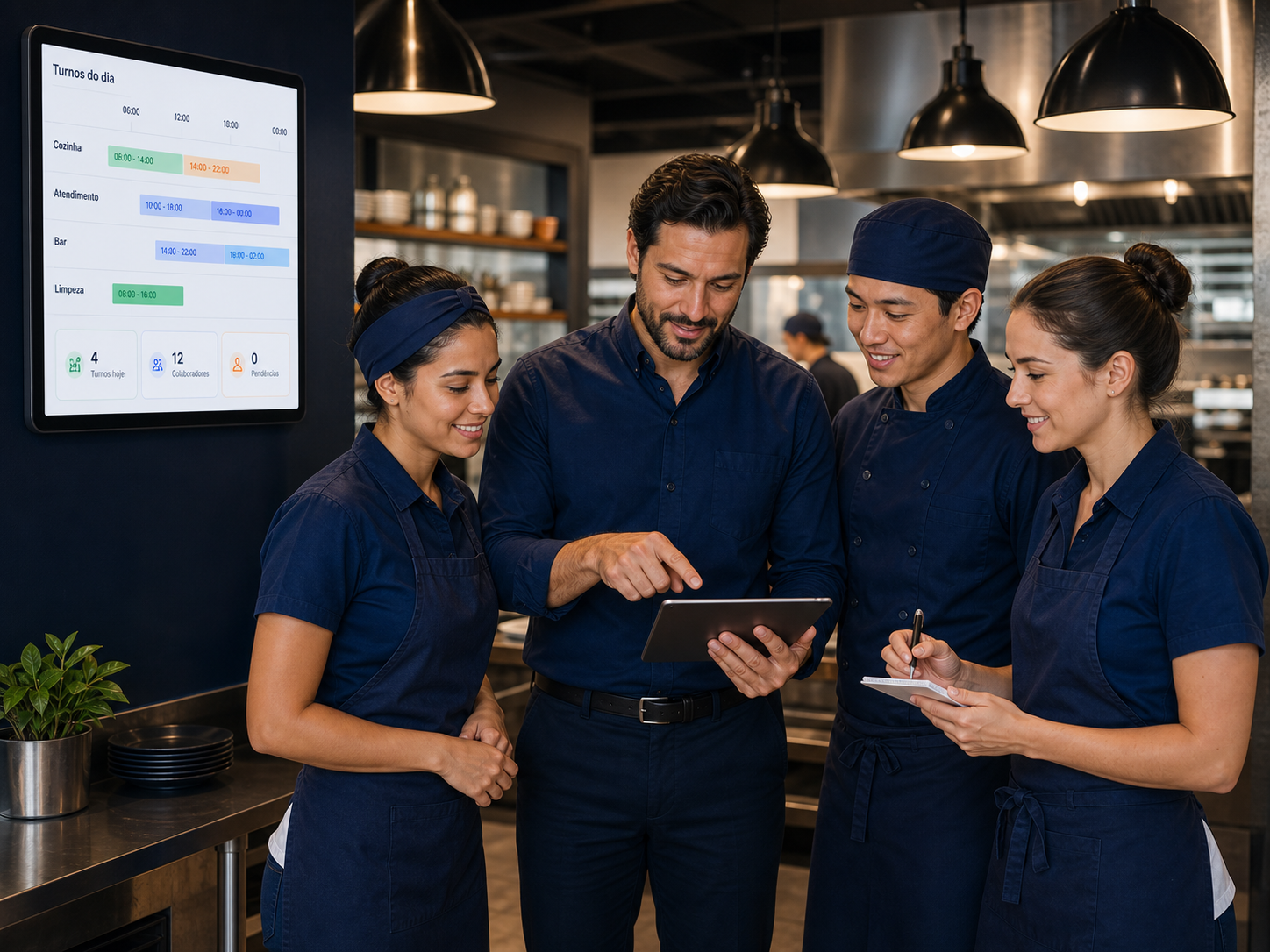 Equipe acompanhando turnos de trabalho automatizados
